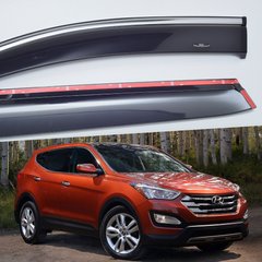 Дефлектори Hic накладні Hyundai Santa Fe 2012-2018 | Вітровики на скотчі з хром молдингом HIC HY38-М
